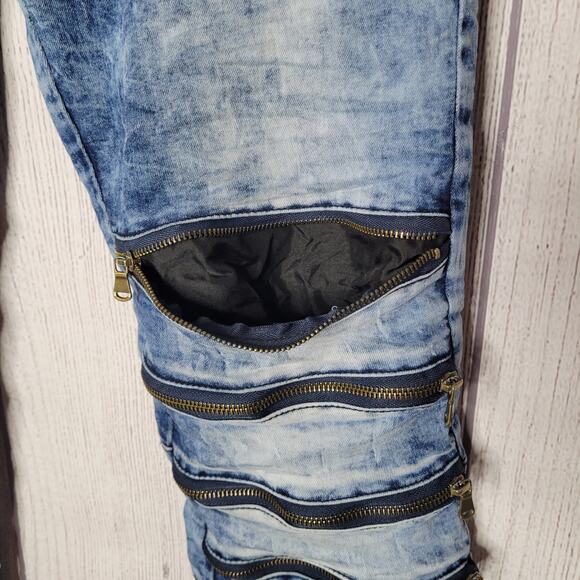 RS7 Royal 7 Acid Wash Distressed Zipper Knee Whiskering Skinny Jeans Size 34x33 - Picture 5 of 9